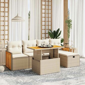 6-delige Loungeset met kussens poly rattan beige