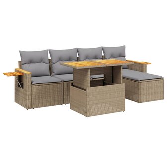 6-delige Loungeset met kussens poly rattan beige