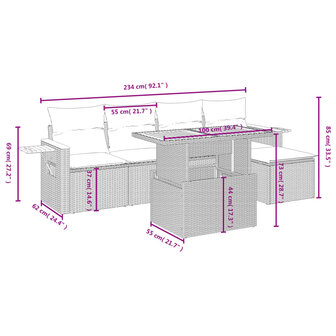 6-delige Loungeset met kussens poly rattan beige
