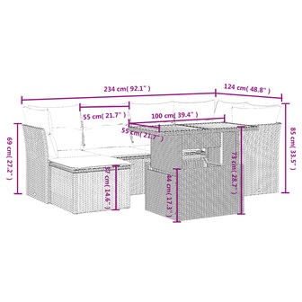 7-delige Loungeset met kussens poly rattan beige