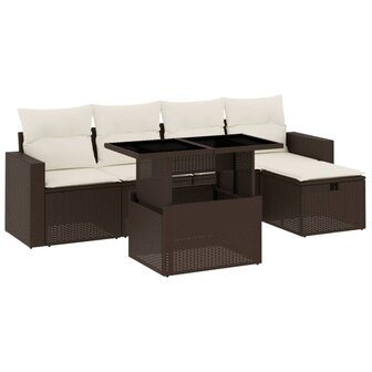 6-delige Loungeset met kussens poly rattan bruin