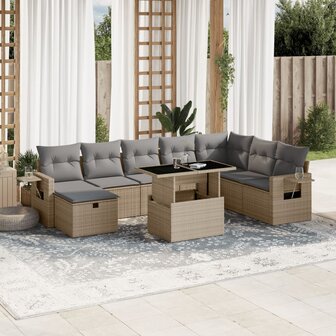 9-delige Loungeset met kussens poly rattan beige
