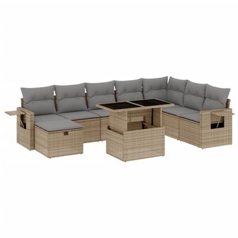 9-delige Loungeset met kussens poly rattan beige