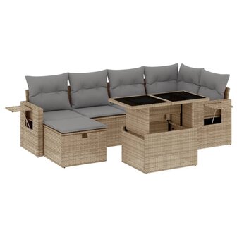 7-delige Loungeset met kussens poly rattan beige