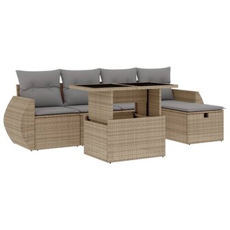 6-delige Loungeset met kussens poly rattan beige