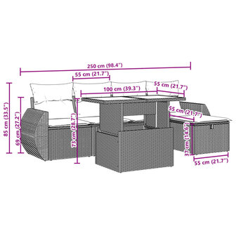 6-delige Loungeset met kussens poly rattan beige