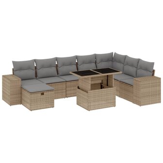 9-delige Loungeset met kussens poly rattan beige