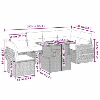 7-delige Loungeset met kussens poly rattan beige
