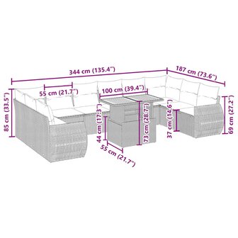 11-delige Tuinset met kussens poly rattan beige