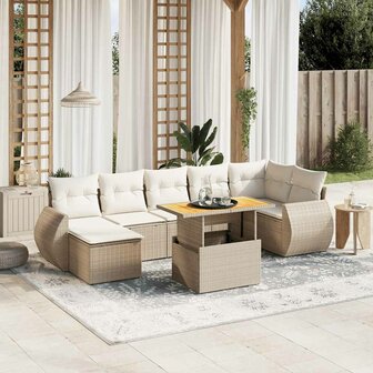 8-delige Loungeset met kussens poly rattan beige