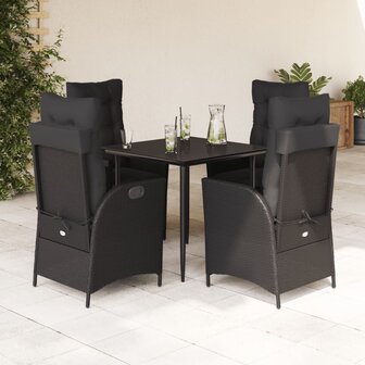 5-delige Tuinset met kussens poly rattan zwart