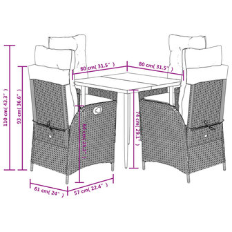 5-delige Tuinset met kussens poly rattan zwart