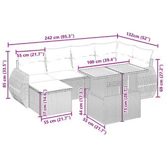 7-delige Loungeset met kussens poly rattan beige