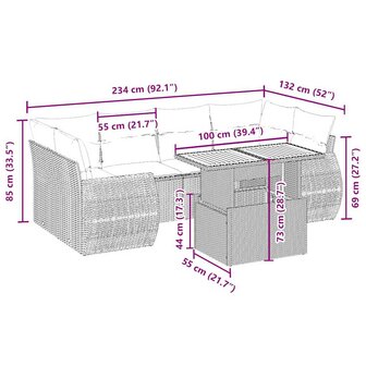 7-delige Loungeset met kussens poly rattan beige