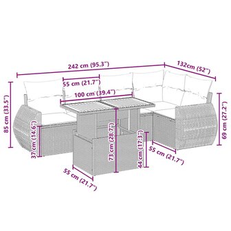 6-delige Loungeset met kussens poly rattan beige