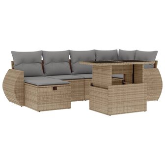 7-delige Loungeset met kussens poly rattan beige