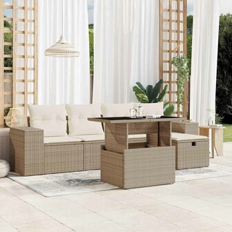 6-delige Loungeset met kussens poly rattan beige