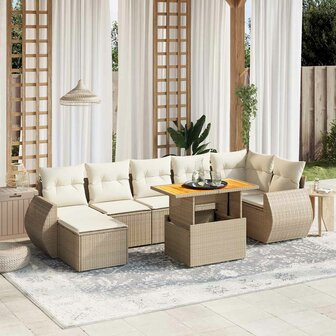 8-delige Loungeset met kussens poly rattan beige