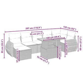 8-delige Loungeset met kussens poly rattan beige