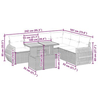 7-delige Loungeset met kussens poly rattan beige