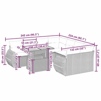 9-delige Loungeset met kussens poly rattan beige