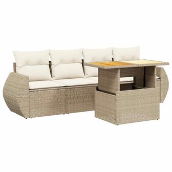 5-delige Loungeset met kussens poly rattan beige