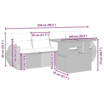 5-delige Loungeset met kussens poly rattan beige