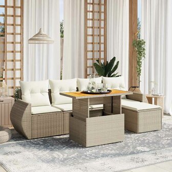 6-delige Loungeset met kussens poly rattan beige