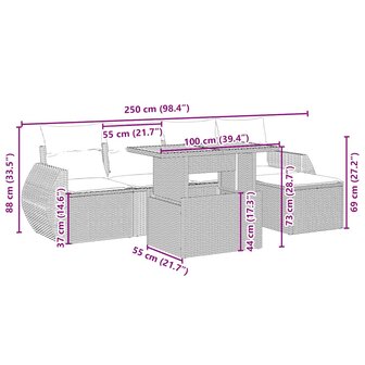 6-delige Loungeset met kussens poly rattan beige