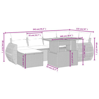 7-delige Loungeset met kussens poly rattan beige