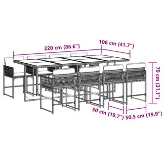 9-delige Tuinset met kussens poly rattan grijs