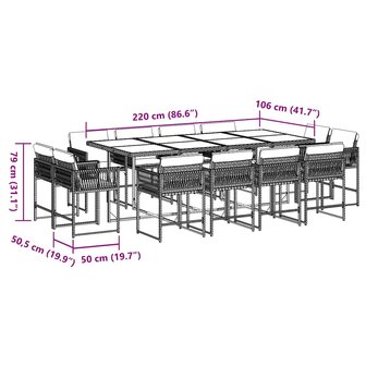 13-delige Tuinset met kussens poly rattan grijs