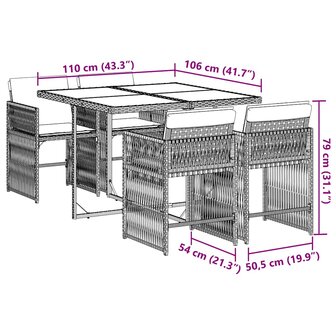 5-delige Tuinset met kussens poly rattan grijs
