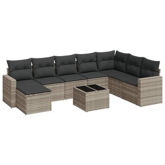 9-delige Loungeset met kussens poly rattan lichtgrijs