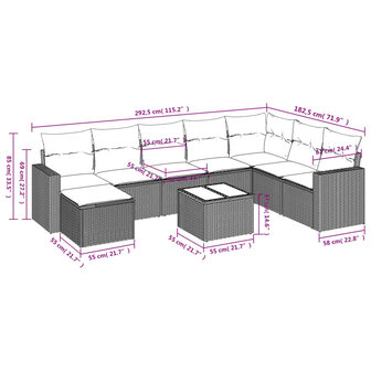 9-delige Loungeset met kussens poly rattan lichtgrijs