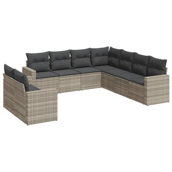 9-delige Loungeset met kussens poly rattan lichtgrijs