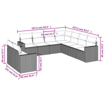 9-delige Loungeset met kussens poly rattan lichtgrijs