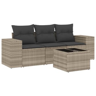 4-delige Loungeset met kussens poly rattan lichtgrijs