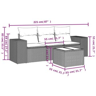 4-delige Loungeset met kussens poly rattan lichtgrijs