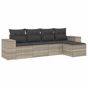 5-delige Loungeset met kussens poly rattan lichtgrijs