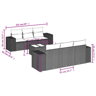 7-delige Loungeset met kussens poly rattan lichtgrijs
