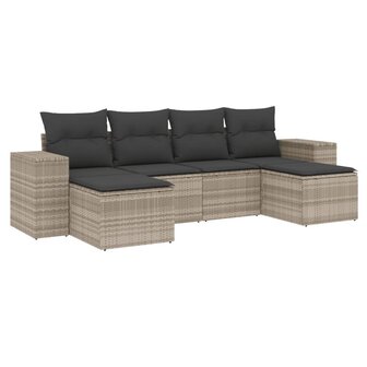 6-delige Loungeset met kussens poly rattan lichtgrijs