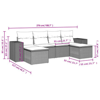 6-delige Loungeset met kussens poly rattan lichtgrijs