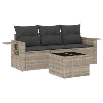 4-delige Loungeset met kussens poly rattan lichtgrijs