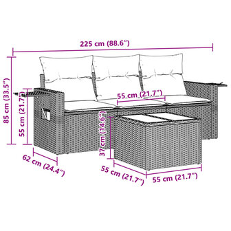 4-delige Loungeset met kussens poly rattan lichtgrijs