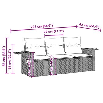 3-delige Loungeset met kussens poly rattan lichtgrijs