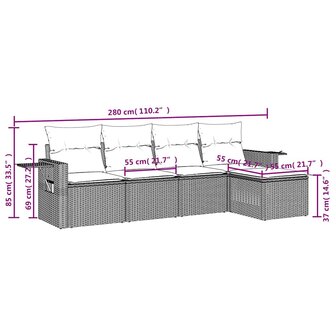 5-delige Loungeset met kussens poly rattan lichtgrijs