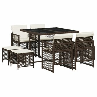 9-delige Tuinset met kussens poly rattan bruin
