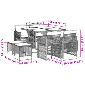 9-delige Tuinset met kussens poly rattan bruin