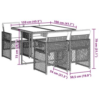 5-delige Tuinset met kussens poly rattan zwart